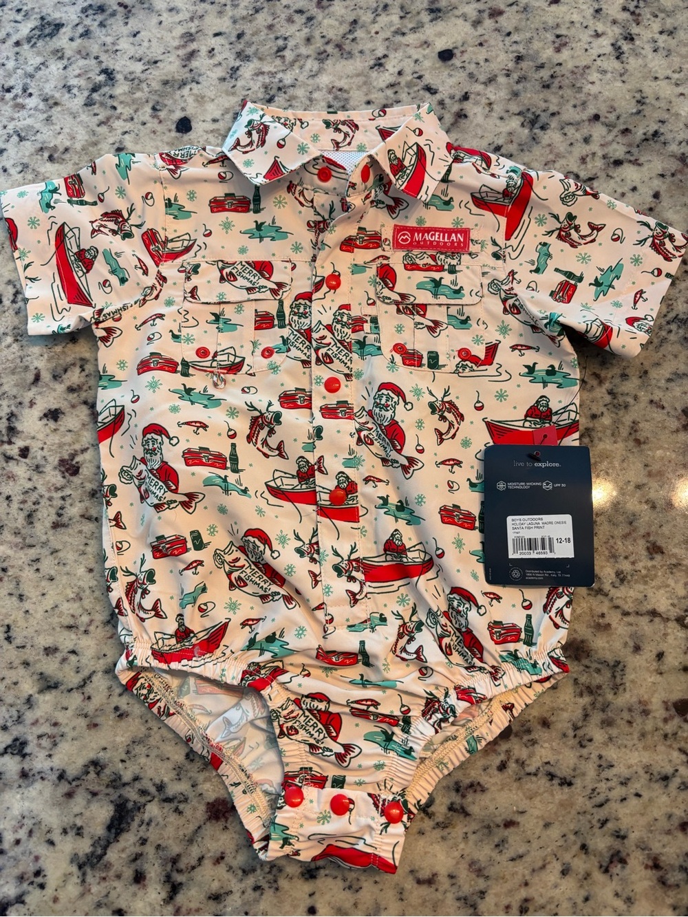 Magellan Outdoors Kids Red Green and Cream Button-Down Onesie Shirt